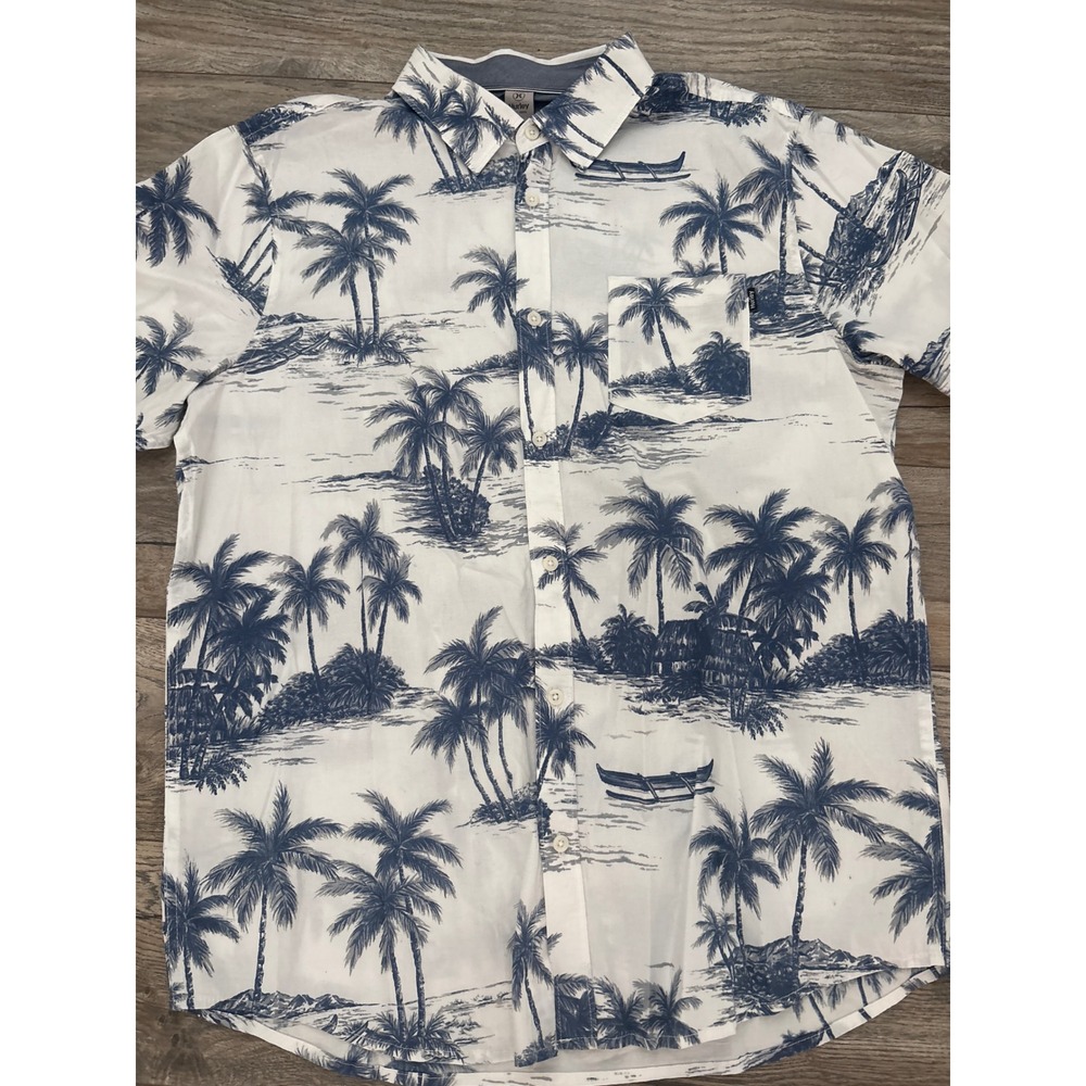 Hurley Mens Large Short Sleeve Button Down Shirt Blue White Tropical Palm Tree
